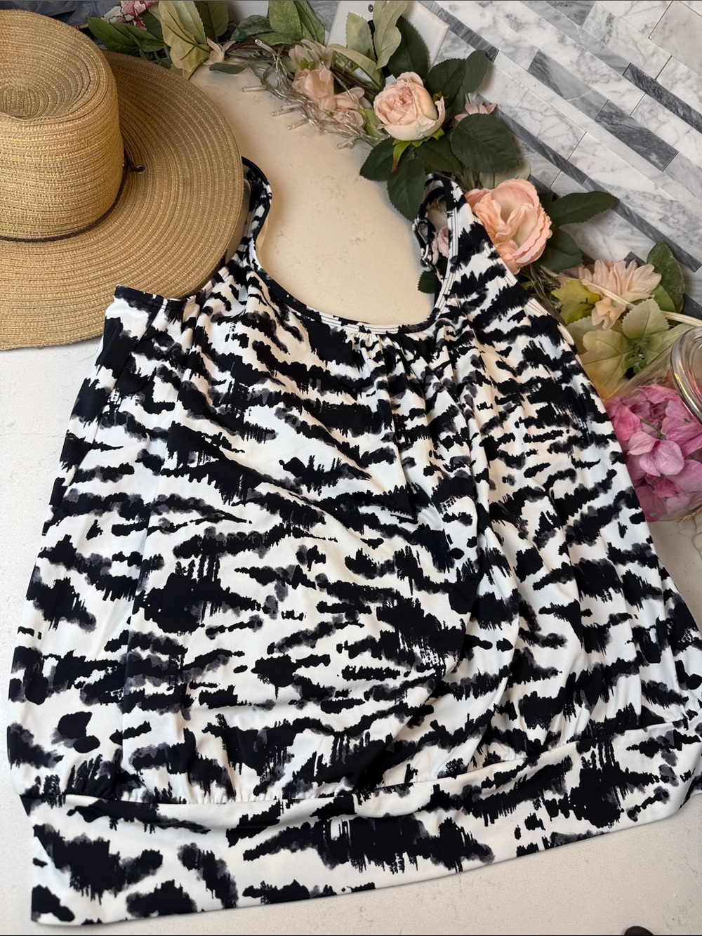 Swim Solutions Black and White Brushstroke Tank Top